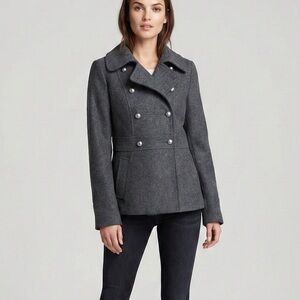 H&M Wool Blend Double-Breasted Peacoat in Heather Gray